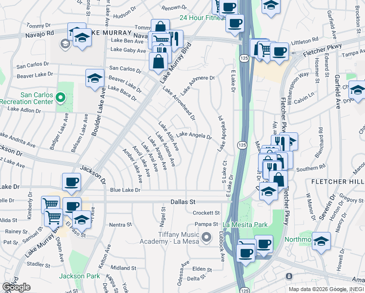 map of restaurants, bars, coffee shops, grocery stores, and more near 6314 Arms Lake Avenue in San Diego