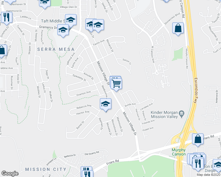 map of restaurants, bars, coffee shops, grocery stores, and more near 2696 Mission Village Drive in San Diego