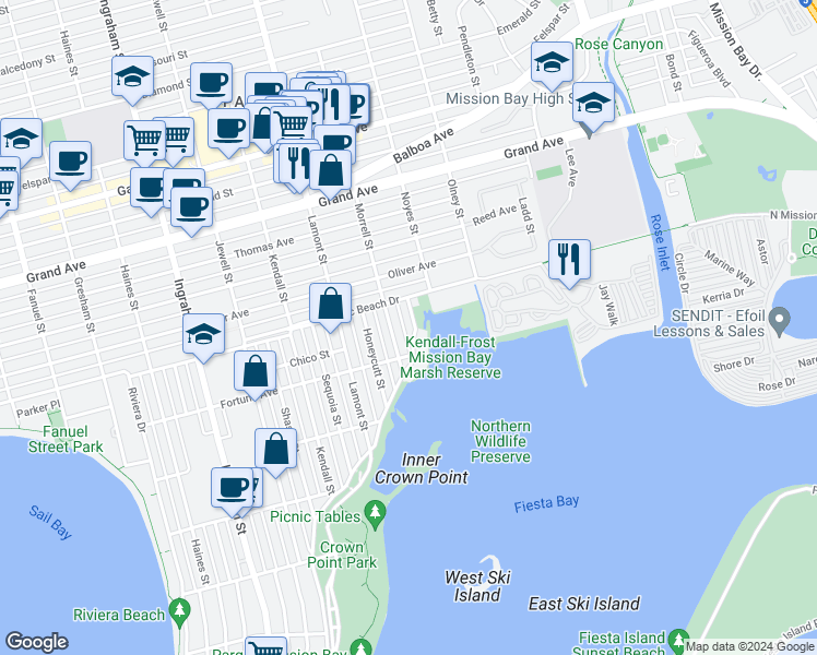 map of restaurants, bars, coffee shops, grocery stores, and more near 4023 Morrell Street in San Diego