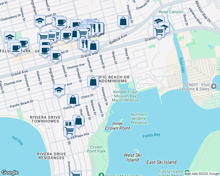 map of restaurants, bars, coffee shops, grocery stores, and more near 4023 Morrell Street in San Diego