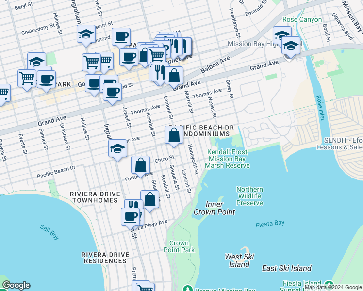 map of restaurants, bars, coffee shops, grocery stores, and more near 4036 Honeycutt Street in San Diego