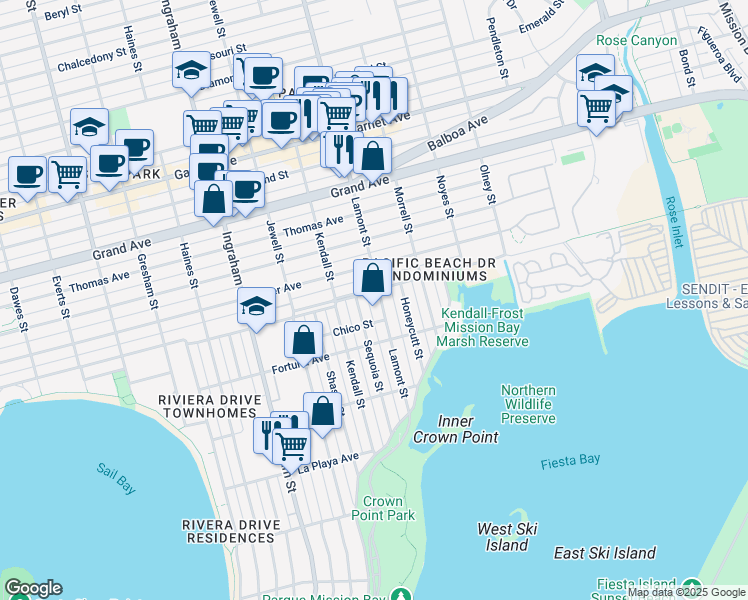 map of restaurants, bars, coffee shops, grocery stores, and more near 4065 Sequoia Street in San Diego