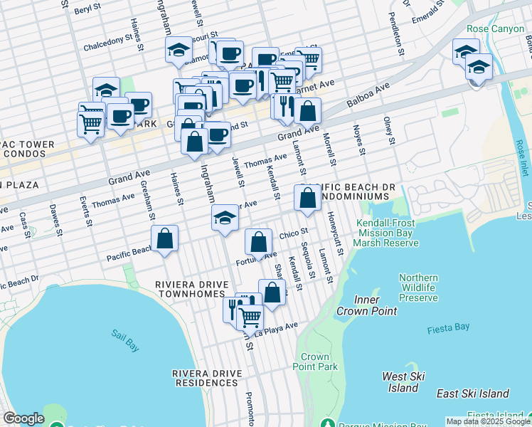 map of restaurants, bars, coffee shops, grocery stores, and more near 4081B Pacific Beach Drive in San Diego