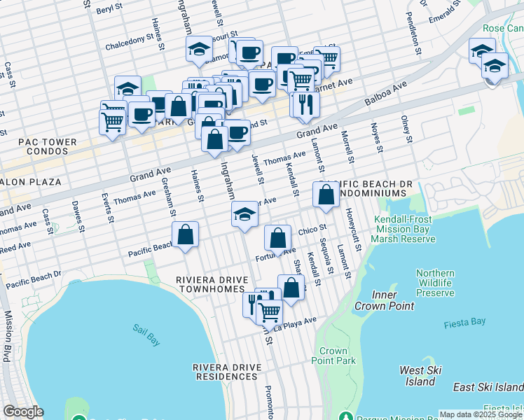 map of restaurants, bars, coffee shops, grocery stores, and more near in San Diego