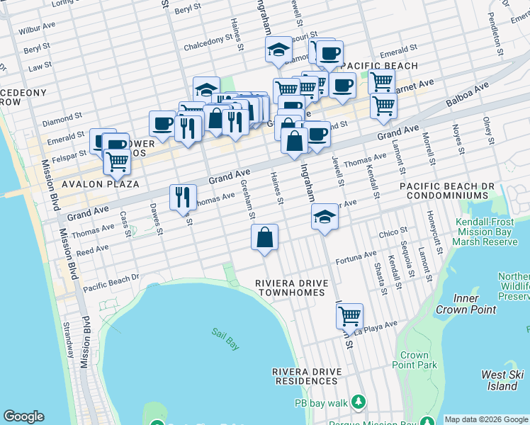 map of restaurants, bars, coffee shops, grocery stores, and more near 4211 Gresham Street in San Diego