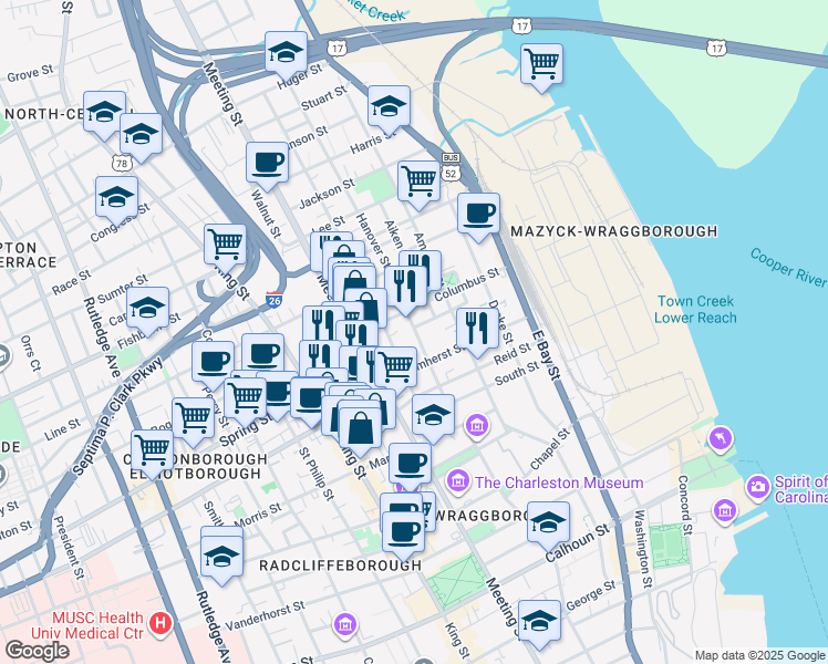 map of restaurants, bars, coffee shops, grocery stores, and more near 52 Nassau Street in Charleston