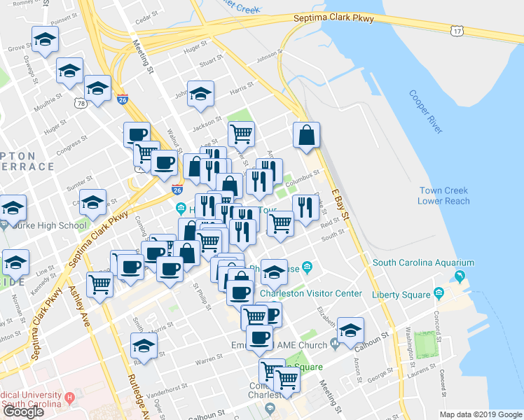 map of restaurants, bars, coffee shops, grocery stores, and more near 52 Nassau Street in Charleston