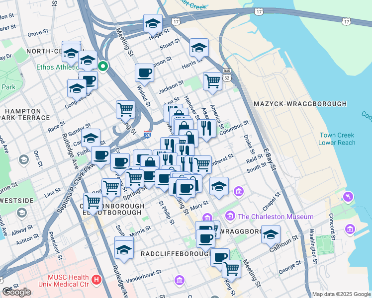map of restaurants, bars, coffee shops, grocery stores, and more near 441 Meeting Street in Charleston