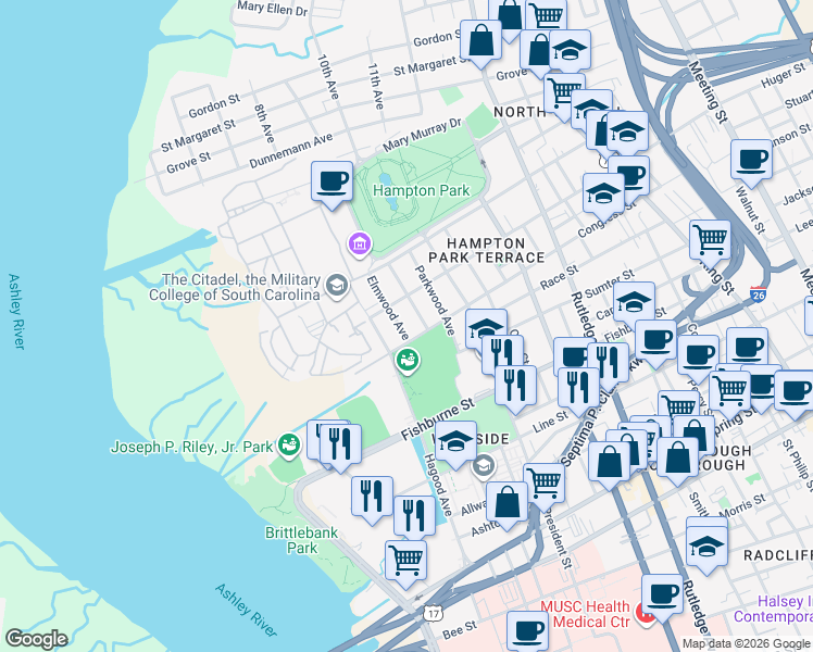 map of restaurants, bars, coffee shops, grocery stores, and more near 285 Congress Street in Charleston
