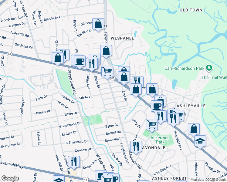 map of restaurants, bars, coffee shops, grocery stores, and more near 1138 Davidson Avenue in Charleston