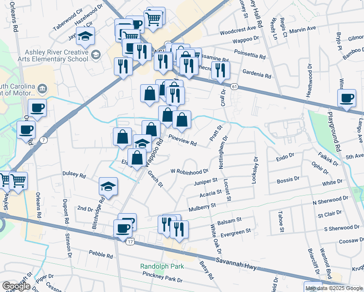 map of restaurants, bars, coffee shops, grocery stores, and more near 919 King Richard Drive in Charleston