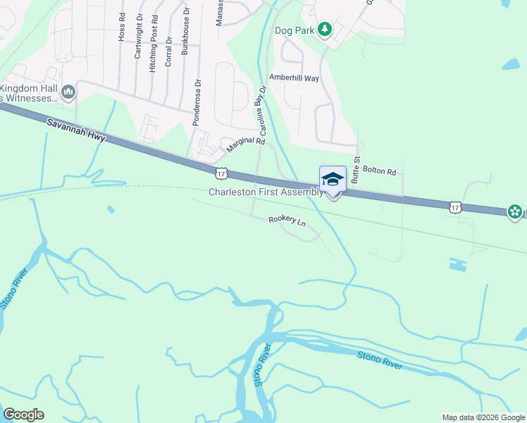 map of restaurants, bars, coffee shops, grocery stores, and more near 2065 Rookery Lane in Charleston