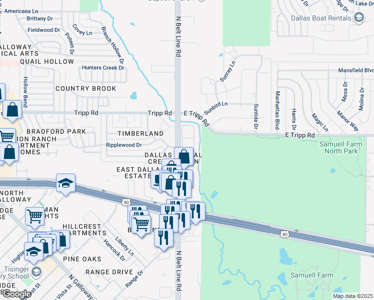 map of restaurants, bars, coffee shops, grocery stores, and more near 2212 North Belt Line Road in Mesquite