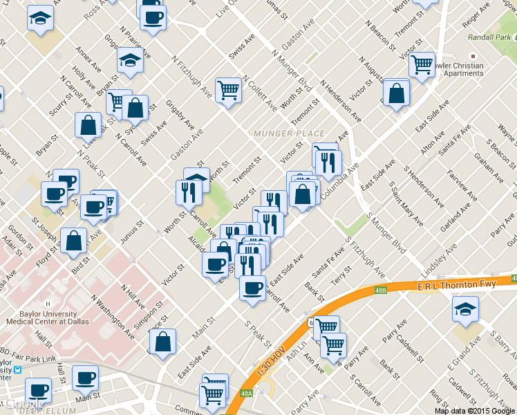 map of restaurants, bars, coffee shops, grocery stores, and more near 4706 Reiger Avenue in Dallas