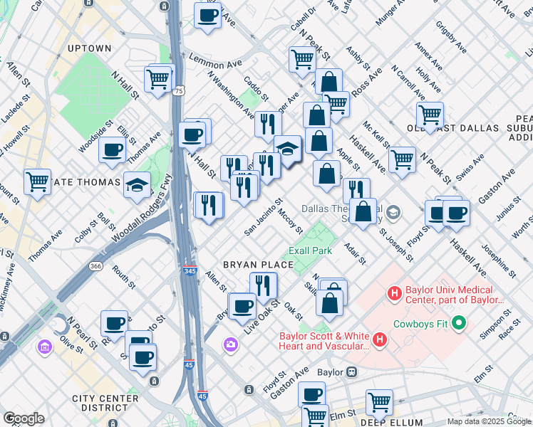 map of restaurants, bars, coffee shops, grocery stores, and more near 3235 Basil Court in Dallas