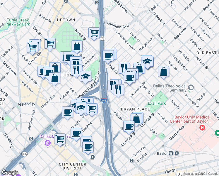 map of restaurants, bars, coffee shops, grocery stores, and more near 3016 Flora Street in Dallas