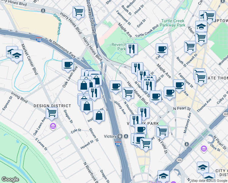 map of restaurants, bars, coffee shops, grocery stores, and more near 3111 North Houston Street in Dallas