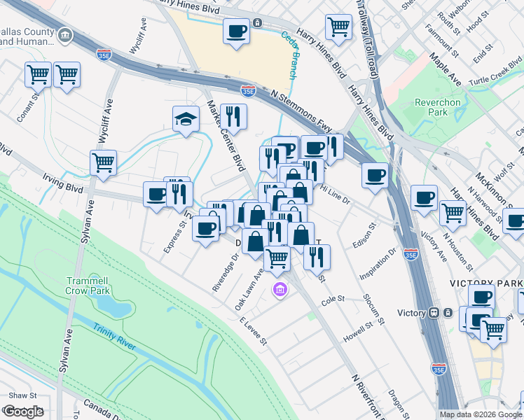 map of restaurants, bars, coffee shops, grocery stores, and more near 1851 Market Center Boulevard in Dallas