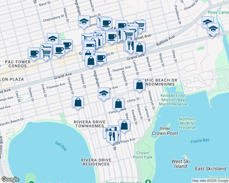 map of restaurants, bars, coffee shops, grocery stores, and more near Jewell Street in San Diego
