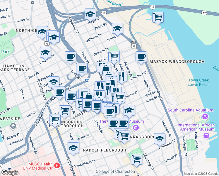 map of restaurants, bars, coffee shops, grocery stores, and more near 441 Meeting Street in Charleston