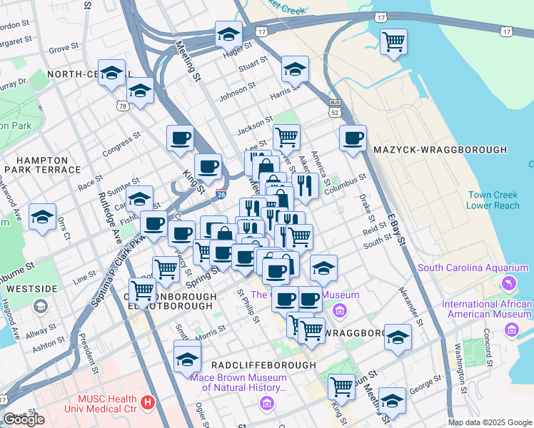 map of restaurants, bars, coffee shops, grocery stores, and more near 441 Meeting Street in Charleston
