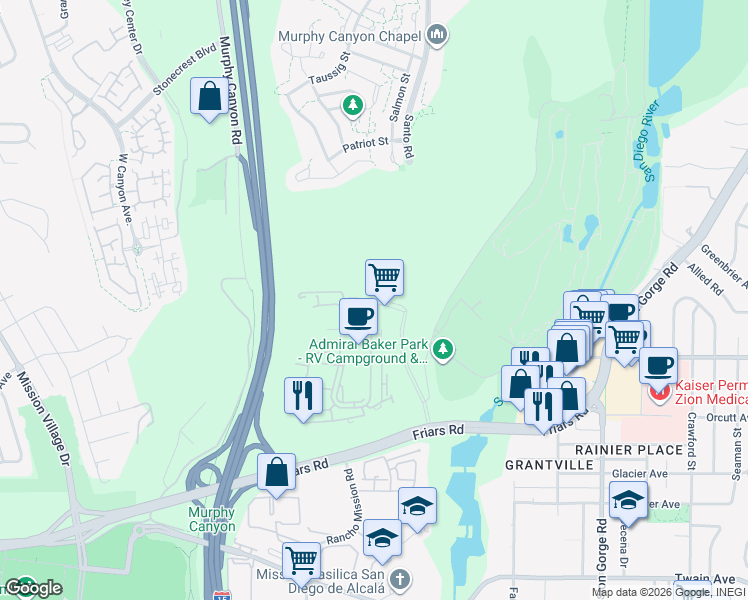 map of restaurants, bars, coffee shops, grocery stores, and more near Ambrosia Dr & Reflection Dr in San Diego