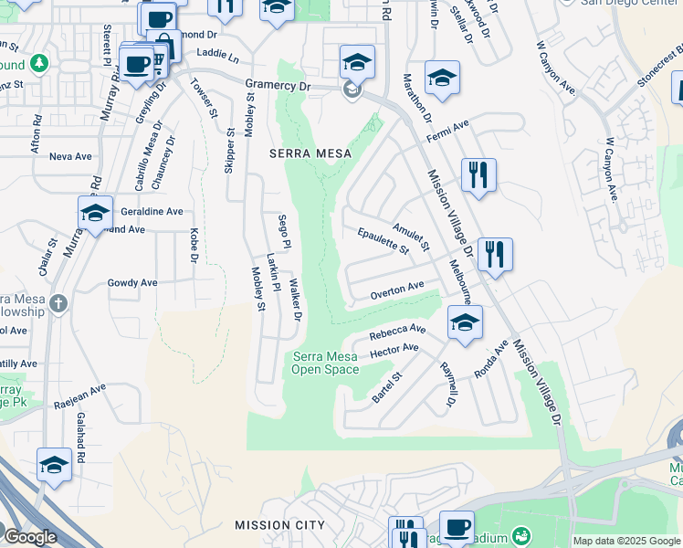 map of restaurants, bars, coffee shops, grocery stores, and more near 2860 Wilbee Court in San Diego
