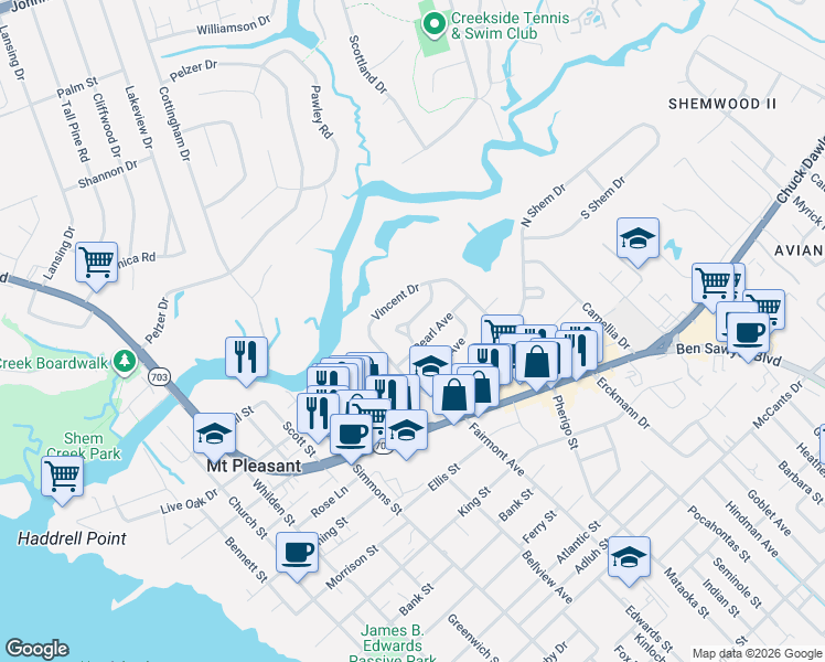 map of restaurants, bars, coffee shops, grocery stores, and more near 5 Pearl Avenue in Mount Pleasant