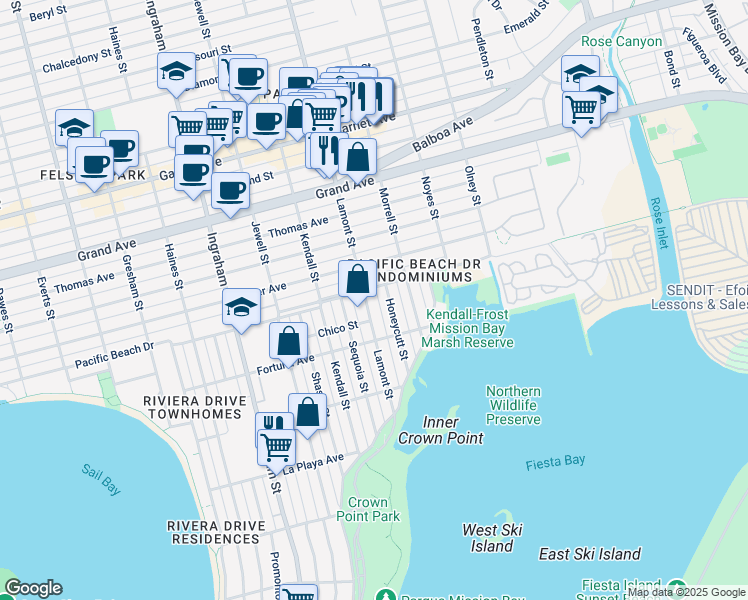map of restaurants, bars, coffee shops, grocery stores, and more near 4036 Honeycutt Street in San Diego