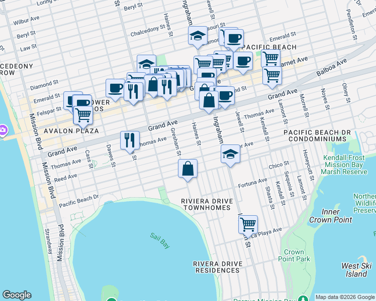 map of restaurants, bars, coffee shops, grocery stores, and more near 4211 Gresham Street in San Diego