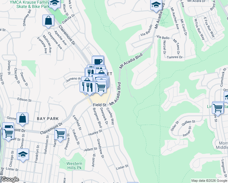 map of restaurants, bars, coffee shops, grocery stores, and more near 2925 Cowley Way in San Diego