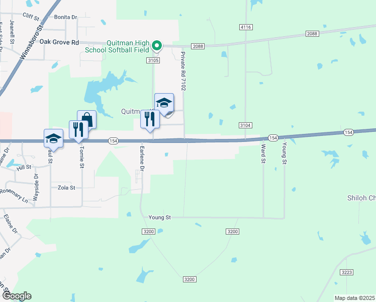 map of restaurants, bars, coffee shops, grocery stores, and more near 1114 East Goode Street in Quitman