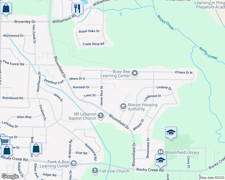 map of restaurants, bars, coffee shops, grocery stores, and more near 3750 Jesse Rice Street in Macon
