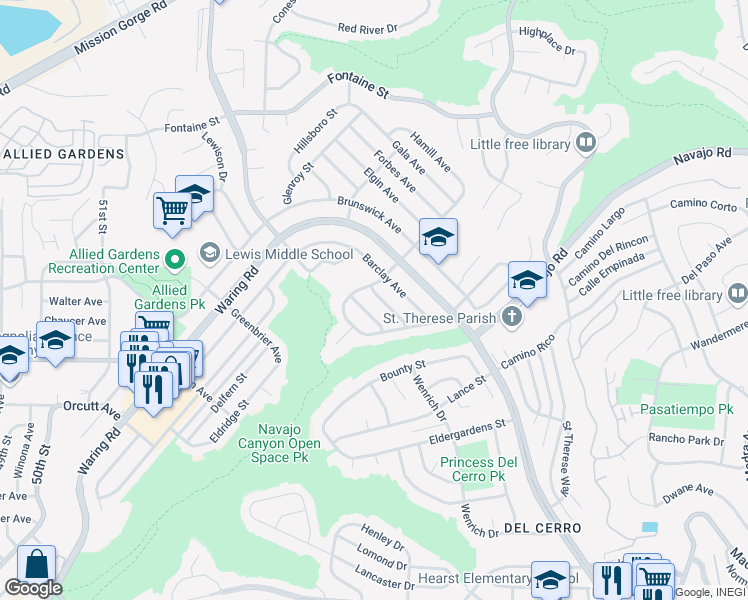 map of restaurants, bars, coffee shops, grocery stores, and more near 5621 Charter Avenue in San Diego