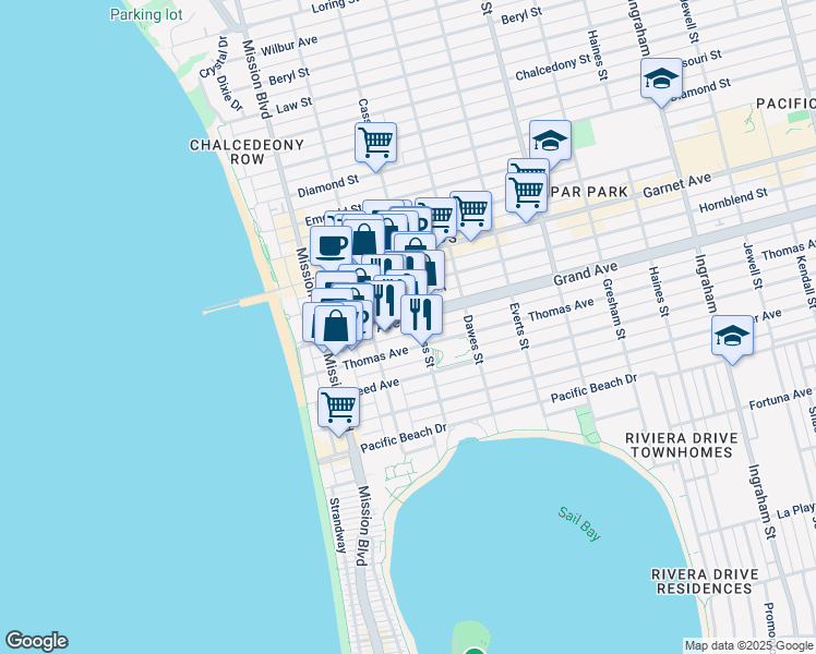 map of restaurants, bars, coffee shops, grocery stores, and more near 930 Thomas Avenue in San Diego