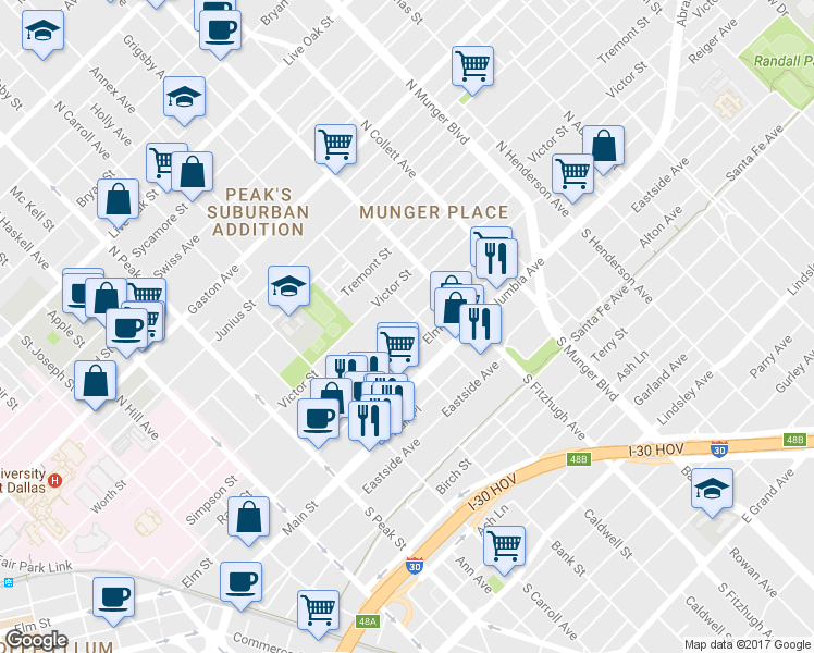 map of restaurants, bars, coffee shops, grocery stores, and more near 4719 Reiger Avenue in Dallas