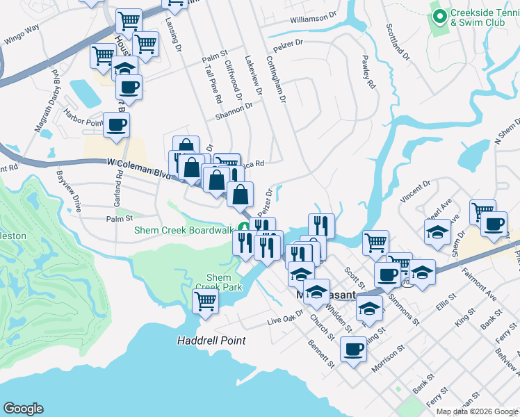 map of restaurants, bars, coffee shops, grocery stores, and more near in Mount Pleasant