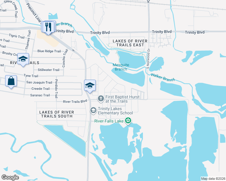 map of restaurants, bars, coffee shops, grocery stores, and more near 2628 Walker Creek Road in Fort Worth