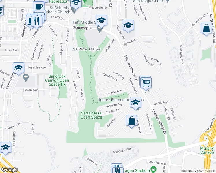 map of restaurants, bars, coffee shops, grocery stores, and more near 9178 Irvington Avenue in San Diego