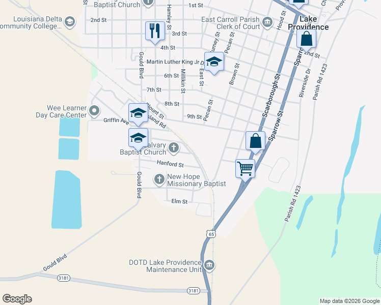 map of restaurants, bars, coffee shops, grocery stores, and more near 1300 Moore Street in Lake Providence