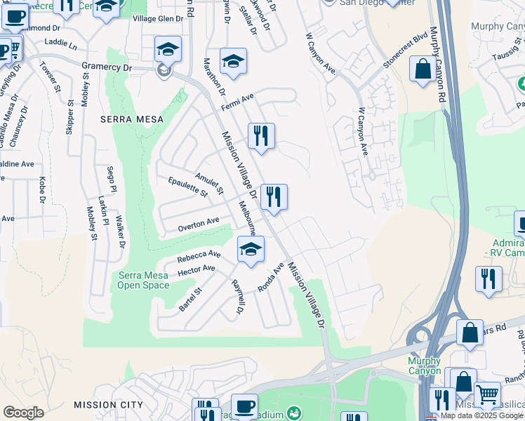 map of restaurants, bars, coffee shops, grocery stores, and more near 2696 Mission Village Drive in San Diego