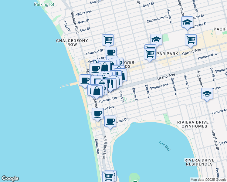 map of restaurants, bars, coffee shops, grocery stores, and more near 930 Thomas Avenue in San Diego