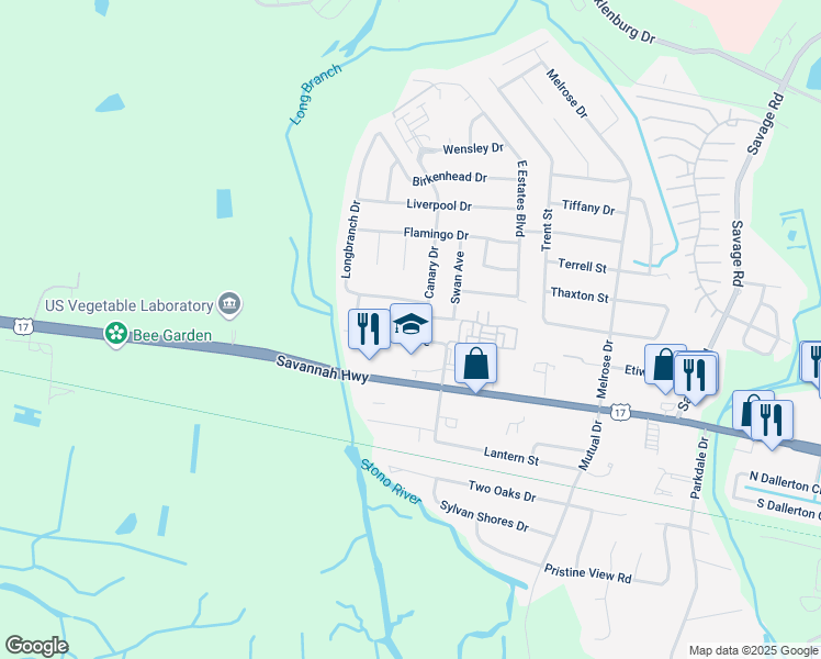 map of restaurants, bars, coffee shops, grocery stores, and more near 703 Canary Drive in Charleston