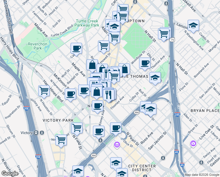 map of restaurants, bars, coffee shops, grocery stores, and more near 2401 McKinney Avenue in Dallas