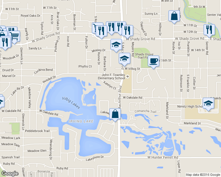 map of restaurants, bars, coffee shops, grocery stores, and more near 1929 South Macarthur Boulevard in Irving