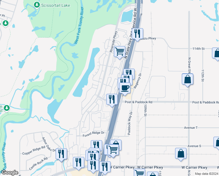 map of restaurants, bars, coffee shops, grocery stores, and more near 2535 North State Highway 360 Service Road West in Grand Prairie