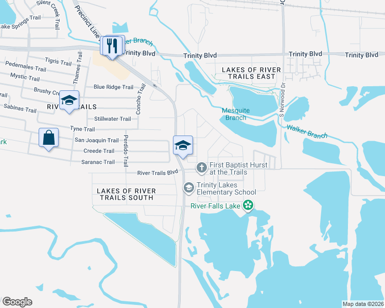 map of restaurants, bars, coffee shops, grocery stores, and more near 2612 Calloway Creek Drive in Fort Worth