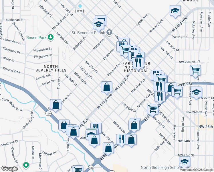map of restaurants, bars, coffee shops, grocery stores, and more near 2701 Northwest 23rd Street in Fort Worth