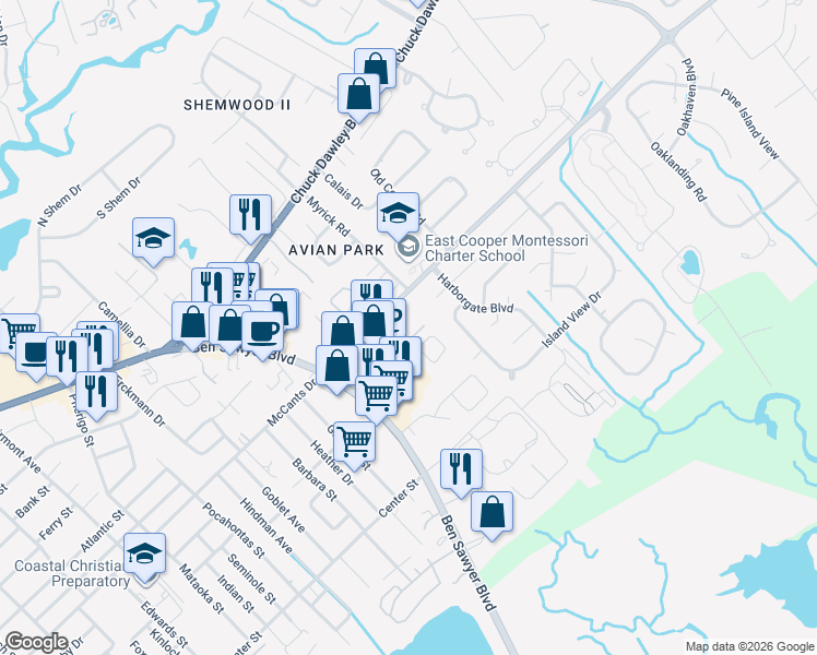 map of restaurants, bars, coffee shops, grocery stores, and more near 1100 Dawn View Terrace in Mount Pleasant