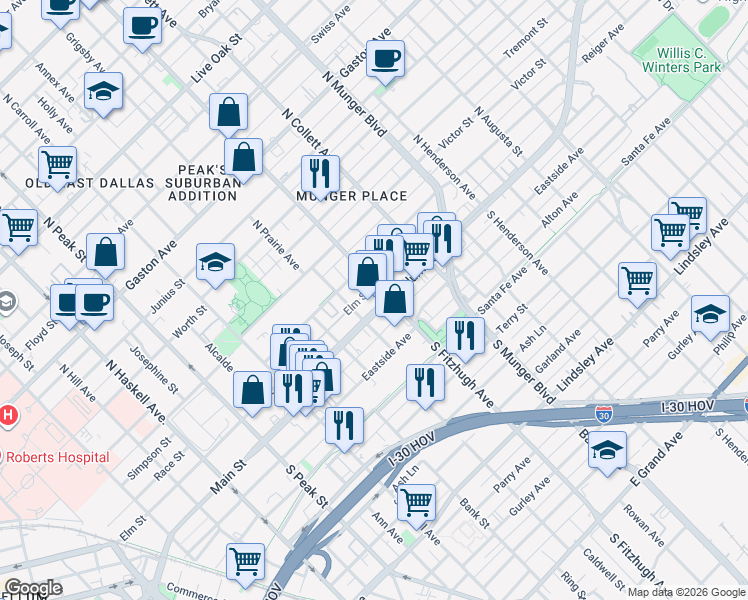 map of restaurants, bars, coffee shops, grocery stores, and more near 4729 Columbia Avenue in Dallas